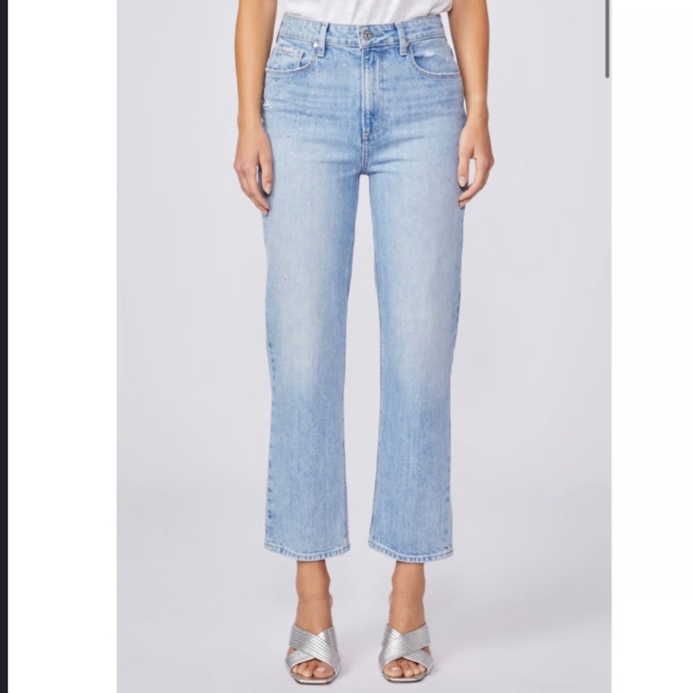 PAIGE Sarah Straight Ankle Embellished Light Wash Ankle Jean 27